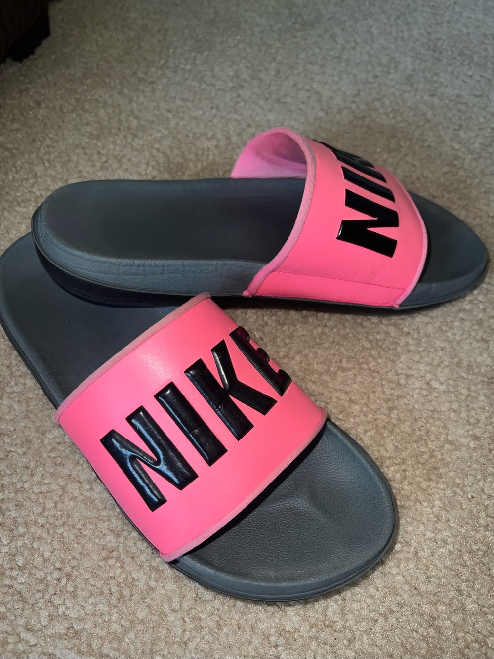 Nike Women's Neon Pink and Gray Slide Sandals
